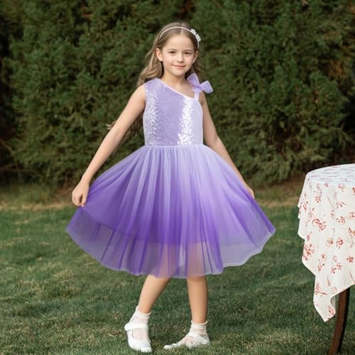 LQSZ Girls Sequin Dress Tutu One Shoulder Summer Dresses Fancy Party Prom Gowns Tulle Sundress for 3-12 Years Purple4