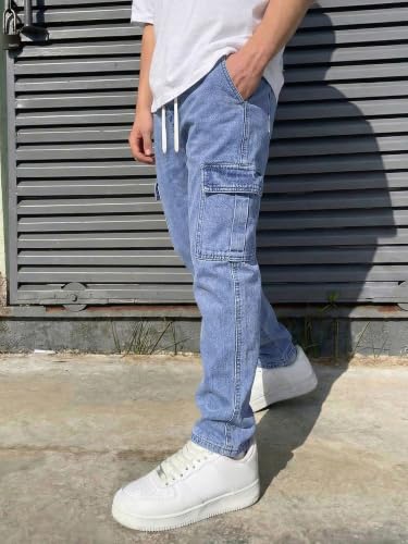Image of JMIERR Men's Elastic Waist Cargo Jeans Stretch Denim Pants with Drawstring Straight Leg for Casual Daily Wear
