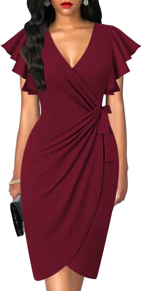 Oten Womens Deep V Neck Ruffle Sleeve Sheath Dress