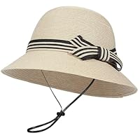 GEMVIE Cappello da sole in paglia da donna, pieghevole, a tesa larga, con fiocco, per spiaggia e vacanze, Beige+sottogola rimovibile, 56-58