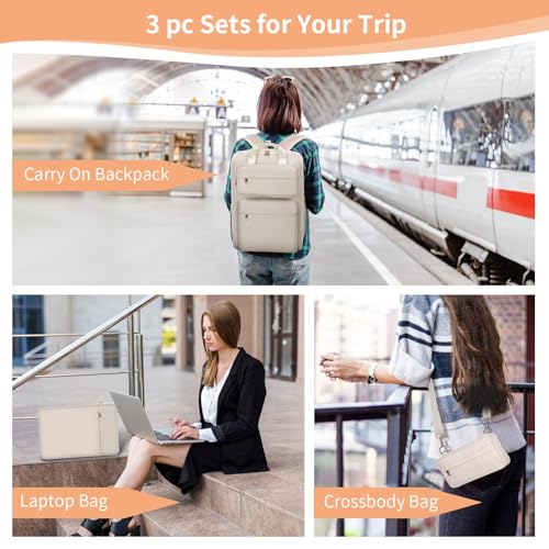 BERTASCHE Travel Backpack for Women with 15.6 inch Laptop Sleeve, 35L Carry On Backpack Flight Approved, Personal Item Travel Bag for Work Business Trip Weekender Expandable Casual Daypack, Beige2