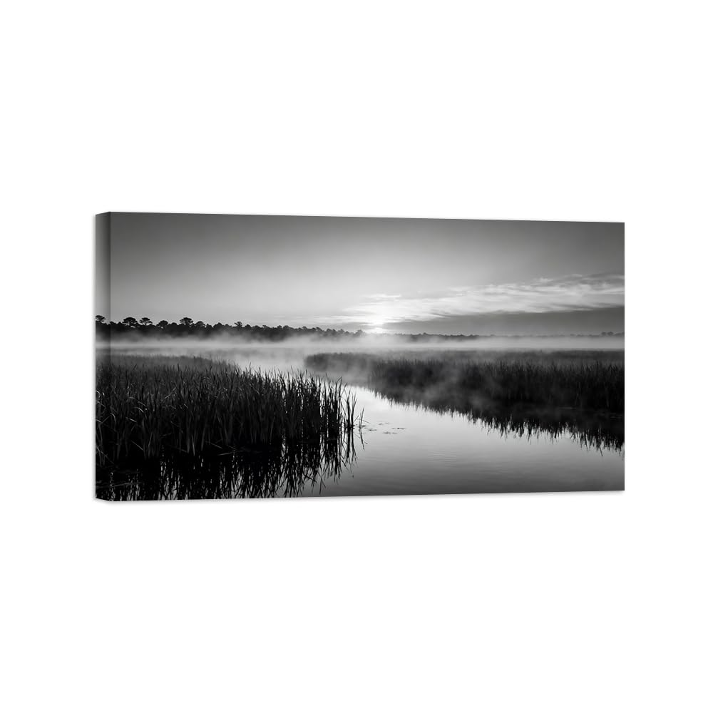 Black White Landscape Wall Art. Grass Lake. Picture 80x145cm Unframed