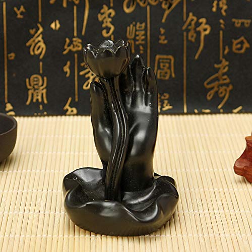 Image of CRAFTAM Polyresin Decorative Smoke Backflow Cone Incense Holder with 10 Smoke Cones (Flower in Hand, Black)