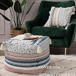 Boho Tufted Decorative Unstuffed Pouf Farmhouse Casual Ottoman Pouf Cover with Big Tassels Handwoven FootrestCushion Cover ONLY for Bedroom Living Room 18x18x16 Blue
