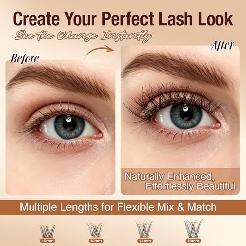 Image of Cluster Lashes Kit, Wispy Natural D Curl Lashes, 10-16mm | Includes Bond and Seal, Includes Tweezers, 140pcs, Lash Clusters Kit