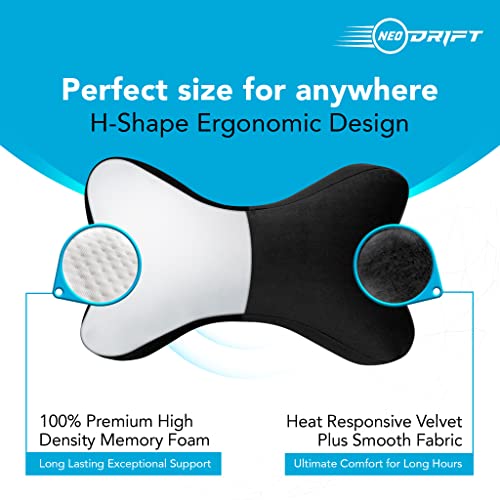 Image of Neodrift 'NeckBone' - Neck Rest Cushion Orthopedic Velvet Memory Foam Pillow for Neck, Head, Shoulder Support - Pain Relief for Car, Set of 2 (Colour-Black+Red)