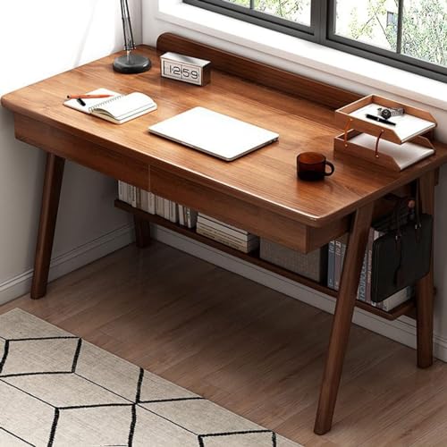 Mid Century Moderner Computertisch aus Walnussholz für Heimbüro, 99 cm, Arbeitsplatz mit 2 Schubladen und Regalen, stilvoller funktionaler Schreibtisch für Produktivität