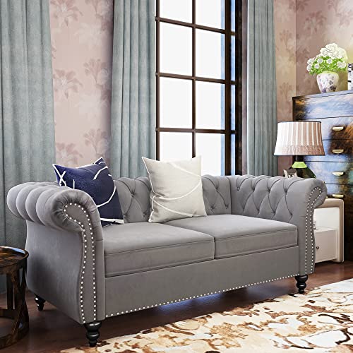 Image of QHITTY Accent Sofa, Chesterfield Loveseat Modern Velvet Couch Upholstered Sofa with Tufted Back for Living Room Furniture (Grey)