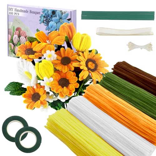 Image of 400 Pcs Pipe Cleaners Craft, 5 Assorted Colors Pipe Cleaners Bulk | Chenille Stems for DIY Flower Making Kit with Floral Wires, Gardening Tape,Stamen& Ribbon (Sunflowers)