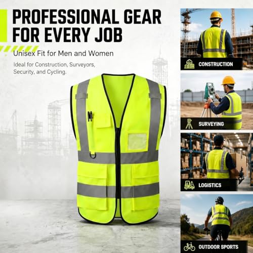Image of High Visibility Safety Vest with Reflective Strips & Pockets | High Visibility | 360 Reflective Strips | 5 Pockets | Zipper Front | Lightweight Polyester | ANSI /ISEA 107 Class 2 Type R