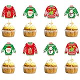 JKQ 36 Pieces Ugly Sweater Party Cupcake Toppers Red Green Christmas Elk Santa Snowman Elf Sweater C