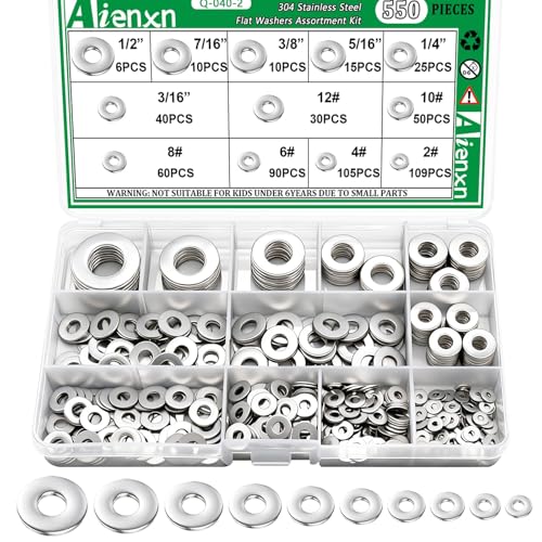 Aienxn 550PCS Flat Washers Assortment Kit, 12 SAE Sizes- 1/2, 7/16, 3/8, 5/16, 1/4, 3/16, 12#, 10#, 8#, 6#, 4#, 2#, (18-8) 304 Stainless Steel Washers for Screws, Metal Washers for Bolts