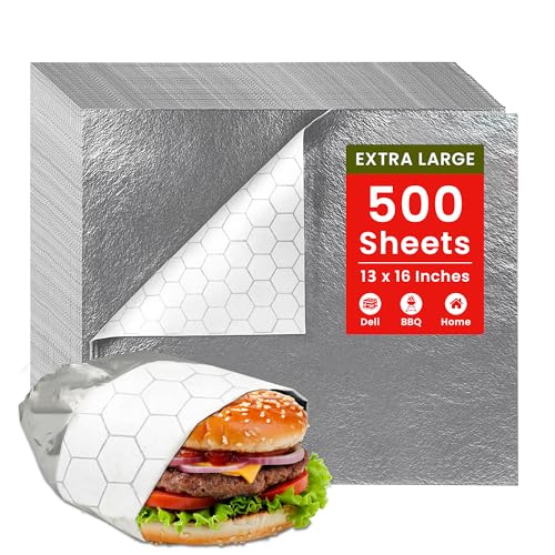 Extra Large - (500 Sheets) - Foil Sandwich Wrap Sheets With Foil Backing - Burrito Wrappers Sandwich Paper Wrap - Food Wrapping Deli Wraps - 13 x 16 Inches
