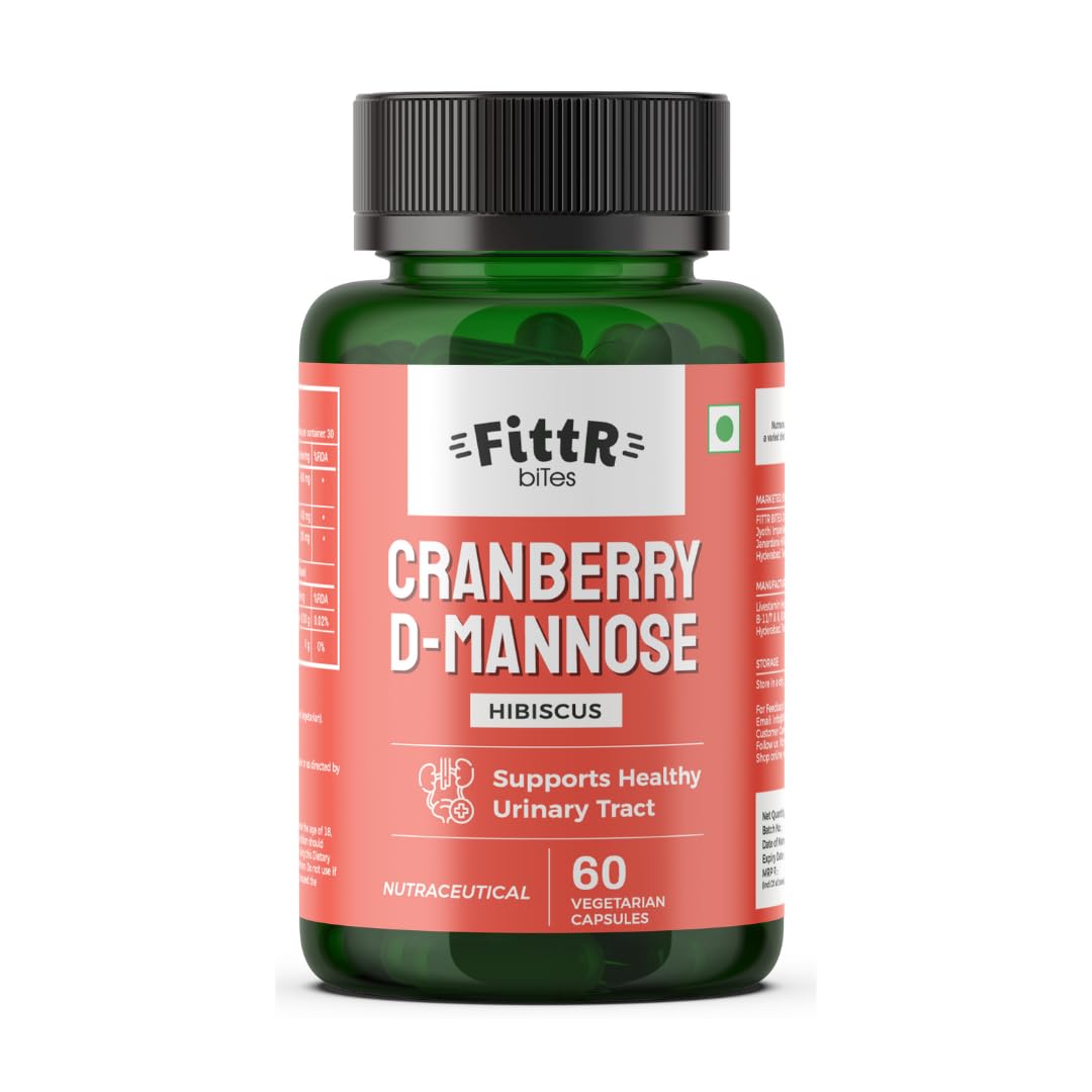FittR Bites Cranberry Supplement (400mg) D-Mannose 400mg Extract Urinary Tract UTI Health Supplement for Men Women, 60 Capsules, Pack of 1