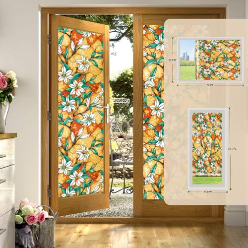 Image of Coavas Static Cling Privacy Window Film, 96% UV & Heat Blocking, Stained Glass Window Film Floral Design, Non-Adhesive, for Bathroom, Front Door, Shower Enclosur(Yellow, 17.5 inch X 78.7 inch)