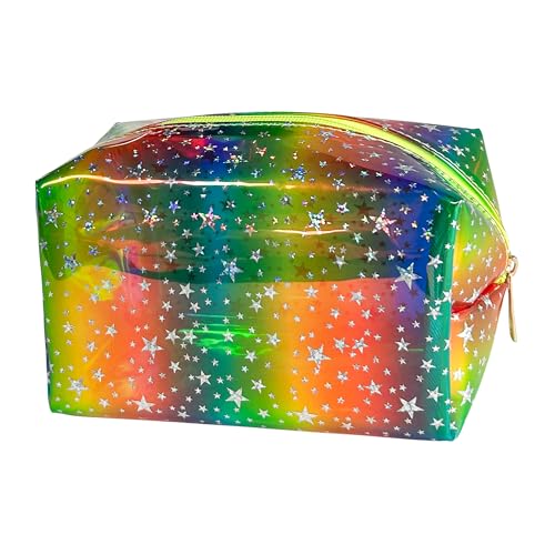 TotePrint Holographic Star Waterproof PVC Makeup Bag – Shimmering Cosmetic Organizer for Women & Men, Rave Festival Essentials & Daily Use (Rainbow)