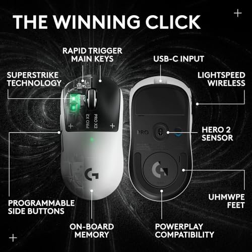 Image of Logitech PRO X2 SUPERSTRIKE Lightspeed Wireless Gaming Mouse with The Fastest Click in the World, Ultra Lightweight (61 g), Customizable Click Haptics, USB-C Charging, for PC /Mac /Laptop - White