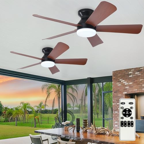 Image of Depuley 42-Inch Ceiling Fans with Light: Walnut 5 Blade Low Profile Ceiling Fan for Kitchen Bedroom - Flush Mount Ceiling Fan for Indoor /Outdoor with Remote Control Reversible Timer - 2 Packs