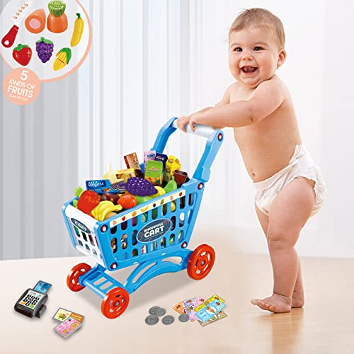 Redcrab Kids Shopping Cart Toy Supermarket Playset 64Pcs Included Grocery Cart Toy,Cutting Food,Pretend Fruit Vegetables Shop Accessories For Boy Girl Kid(Green-1) #TOP6
