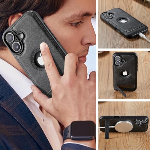 Image of Casus for iPhone 17 Case with MagSafe, Slim Kickstand Vegan Leather Protective Cover with Tempered Glass Screen Protector, 6.3 Inch (2025), Black