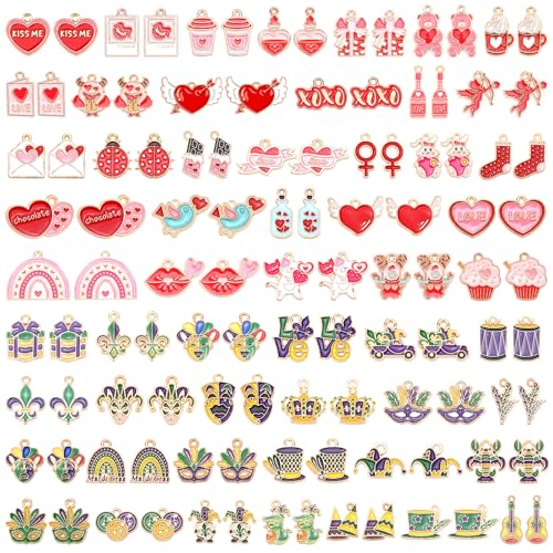 SANNIX 110Pcs/55 Pairs Valentine's Day Mardi Gras Charms, Assorted Gold Enamel Charms for Jewelry Making, Holiday Pendants for Bracelets Necklaces Earrings Keychains Craft Supplies