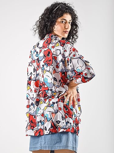 Image of ComicSense.xyz Unisex Anime Shirts for Men and Women, Kitsune Mask Printed Kimono Fit Hawaiian Shirt - XX-Large