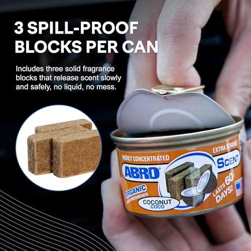 Image of ABRO Car Air Freshener Cans: Spill Proof Air Fresheners for Home, Office, or Car Accessories, Lasts Up to 60 Days - 3 Pack Coconut Scent