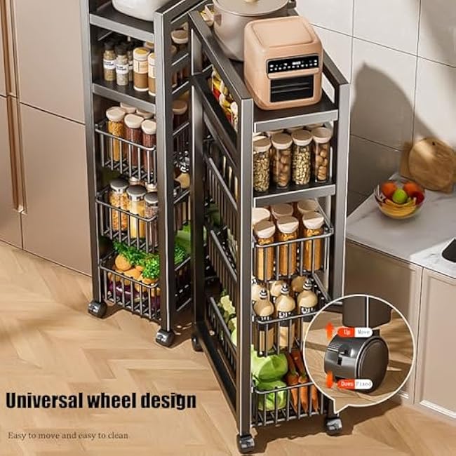 Home Vegetable Storage Rack, Multi-Layer Storage Rack with Pull-Out Shelves with 3 Storage Baskets and 2 Panels Fruit Vegetable Rack for Kitchen Pantry Bathroom