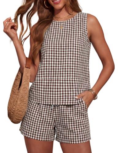 LOMON Womens Two Piece Short Sets Summer Crew Neck Cap Sleeve Sweatsuit Drawstring Shorts with Pockets