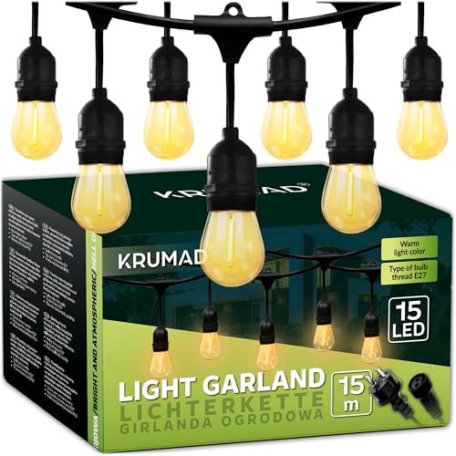 KRUMAD Catena luminosa a LED per esterni, 15 metri, E27, luce bianca calda, 2700 K, resistente alle intemperie, IP44, per giardino, balcone, terrazza, decorazione da giardino per esterni, feste