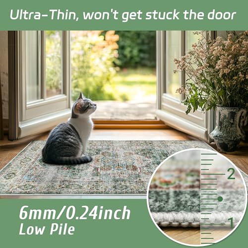 Madane Washable Area Rug 2x3, Small Entryway Rug Non-Slip Vintage Door Mat Indoor Entrance, Low Pile Floor Carpet for Inside Front Door Bedroom Kitchen Entry Laundry (2'x3', Green)