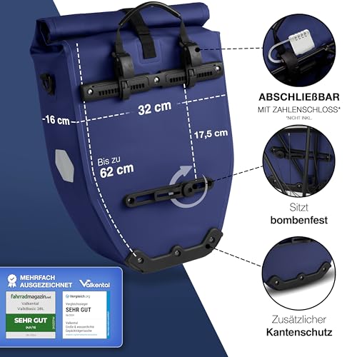 Valkental® Große & wasserdichte Gepäckträgertasche - Fahrradtasche für Gepäckträger mit großen Reflektoren [Abschließbar] Bombenfester Sitz - Mehrfach ausgezeichnet - Gefertigt für Langlebigkeit