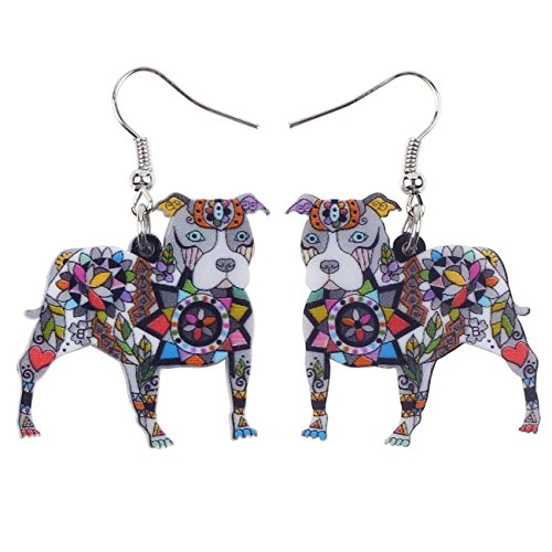 BONSNY Dog Collection “BUSTER” PIT BULL Dog Statement Acrylic Pop-Art Long Drop Dangle Women Earrings (Grey)