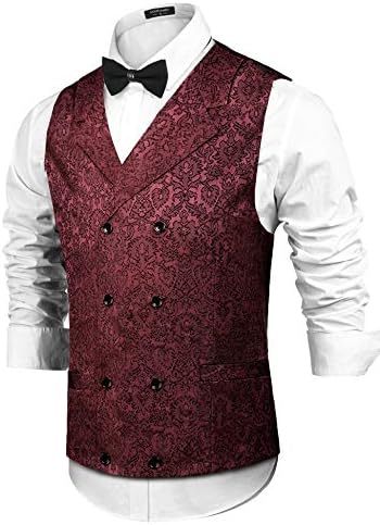 COOFANDY Mens Victorian Vest Steampunk Christmas Double Breasted Suit Vest Slim Fit Brocade Paisley Floral Waistcoat (Medium, 01-Wine Red*)