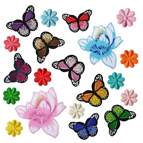 20 Pièces Broderie Patch Thermocollant, Papillons et Fleurs Patch Thermocollant Vetement, DIY Ecusson Thermocollant pour Sacs, Vêtements, Chaussures, Chapeaux