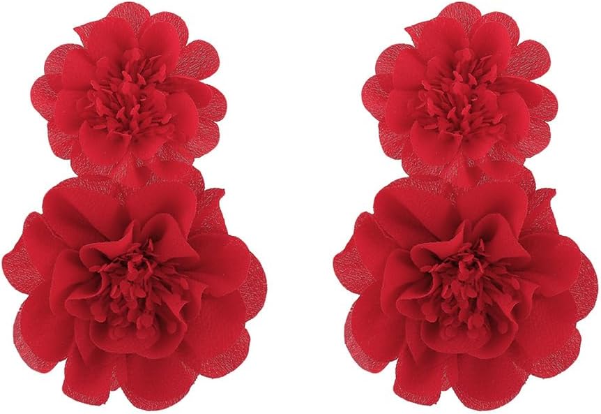 Statement Oversized Red White Double Fabric Flower Dangle Drop Earrings for Women, Charm Boho Floral Dangling Earring Bold Party Prom Vacation Jewelry Gift - Image 7