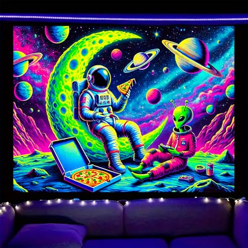 Image of Nuxovilar Neon Astronaut Wall Tapestry Polyester 78.74x59.05 In | Glow Poster Trippy Wall Art Space Decor UV Backdrop Bedroom Game Room Lounge Space Room Area (Astronaut Motif)