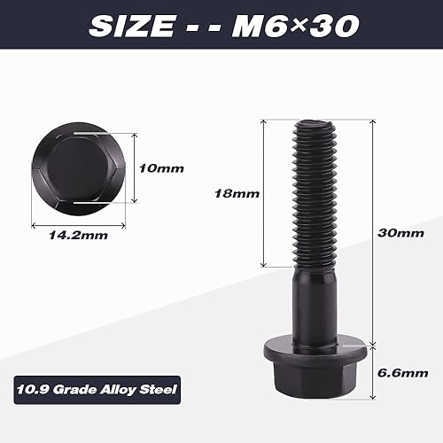 Miniatura 23 de Tornillos hexagonales con bridas M6-0.039 x 2.165 in (15 piezas) Acabado de óxido negro, acero de aleación de grado 10.9, cabezal de arandela