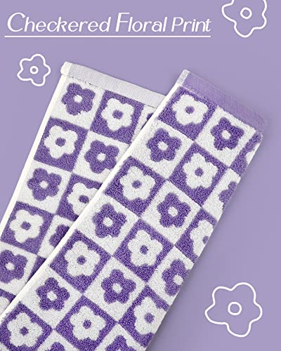 Cotton Face Towels Set Of 4 - Checkered Floral Bathroom Hand Towels For Everyday Use, 29” X 13” Lilac #TOP4