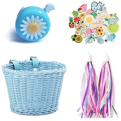 IVEOPPE Bicycle Basket Braided Children's Front Braided Bicycle Basket Set of 4 with Leather Straps, Bicycle Bell, Streamers, Stickers, Gifts for Children (Blue) Cover