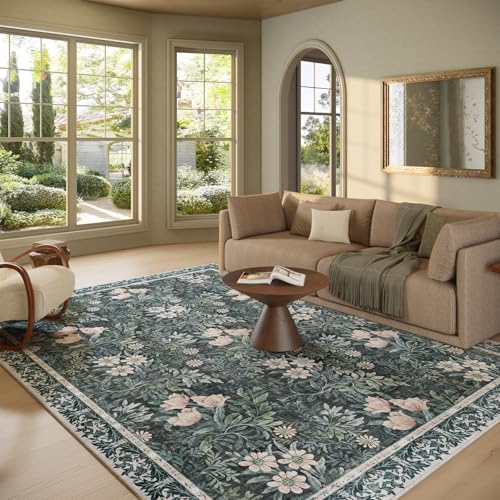 Image of Washable 8x10 Area Rug - Light Green Vintage Floral with Ornate Border, Soft Low Pile Carpet for Living Room, Dining Room Under Table, Bedroom Non-Slip, Stain Resistant & Durable