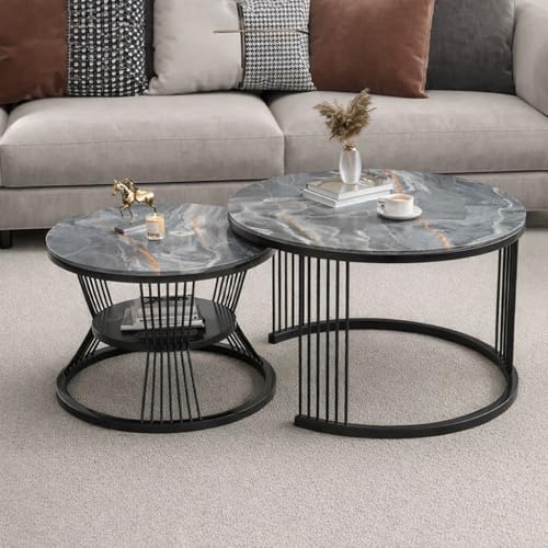 Image of Brown Art SHOPPEE Round Coffee Table Home Decor Furniture Coffee Table Sets,2 Piece MDF Top,Stacking Nesting Table with Iron Frame for Living Room Living Room or Lounge (Grey Black)