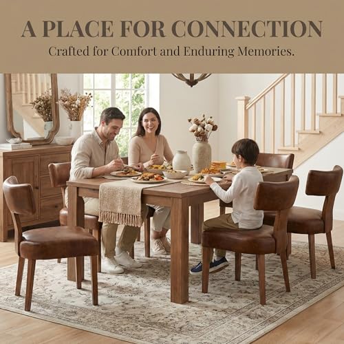 Image of HNY Century Modern Dining Chairs Set of 4, Farmhouse PU Leather Upholstered Accent Chair Curved Backrest Kitchen Chairs, with Hardwood Frame, Brown 4PC