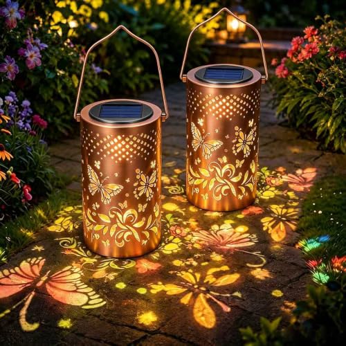 2 Pièces Lanterne Solaire d'extérieur,IP65 Étanche Lanterne Solaire pour Jardin,Lampe Décorative Jardin Suspendue,Lampe Solaire Rétro LED en Métal Pour Balcon,Patio,Bureau,Pelouse,Camping (Papillon)