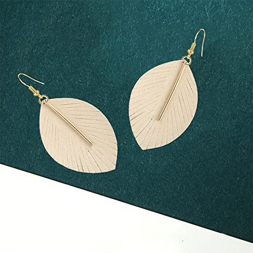 Gbahfy Feather Leather Layered Fringe Earrings For Women Boho Genuine Leather Leaf Tassel Dangle Statement Earrings Bohemian Hypoallergenic Lightweight Drop Earring With Metal Bar Nickel Free (Beige) #TOP4