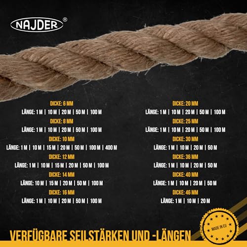 Najder - Juteseil - Naturfasern - gedreht Tauwerk - Hanf Jute Tau Seil - Seil für Barrieren und Geländer - Durchmesser 25 mm, 1 Meter