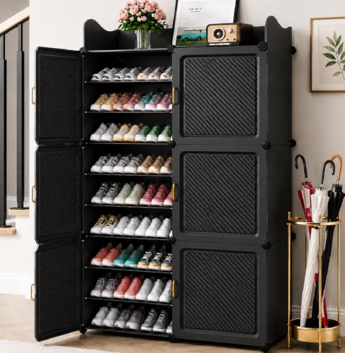 Image of Exvito Plastic Shoe Rack for Home with Door, 6-Door Shoe Storage Cabinet | 18-Shelfs for 36 Pairs | Waterproof & Portable DIY Shoe Slipper & Chappal Stand for Entryway /Bedroom - Grey
