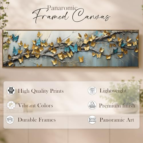 Image of Large Canvas Painting Panel Framed Wall Painting Blue and yellow Butterfly Framed Luxury Paintings for Home Decoration, Living room, Bedroom and Office Decor (Gold, 13x47 Inch)