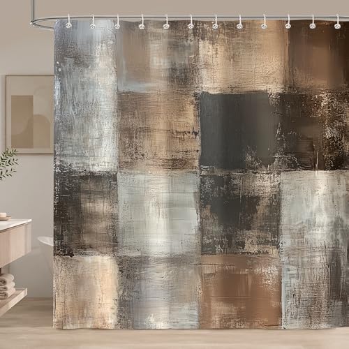 Brown Grey Abstract Shower Curtain, Rustic Farmhouse Acrylic Aesthetic Unique Vintage Bathtub Shower Curtains Decor for Bathroom Set, Washable Cloth Waterproof Fabric with 12 Hooks, 72x72 Inch by Aeyadis - Used condition - Image 2