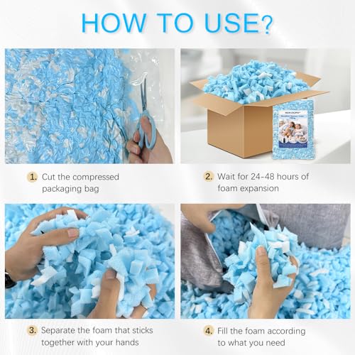 Hem Dgpsy 10lbs Shredded Memory Foam Filling, Blue and White Bean Bag Filler, Soft Pillow Stuffing Refill for Punching Bag, Couch, Cushion, Dog Bed, Pouf, Arts and Crafts